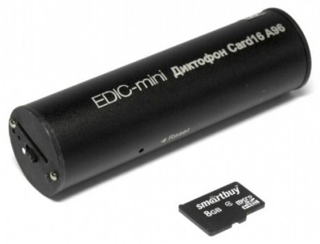 Габариты диктофона Edic-mini Card16 A96 несложно представить, сравнив его с обычной батарейкой типа АА