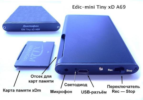 Цифровой диктофон  Edic-mini Tiny xD A69 - элементы управления