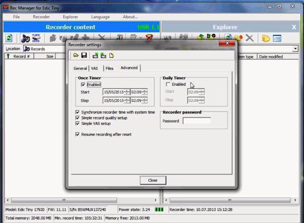 Скриншот программы Rec Manager, идущей в комплекте с диктофоном Edic-mini Tiny xD B68