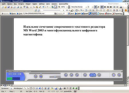 Окно программы-транскрайбера Цезарь профессионального диктофона Гном-2M